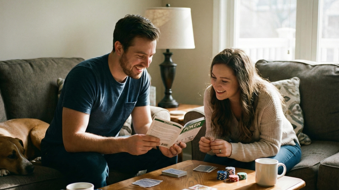 Dua orang sedang belajar bermain poker di rumah dengan kartu dan chip di atas meja ruang tamu