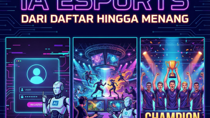 Panduan cara bermain IA Esports, mulai dari pendaftaran hingga meraih kemenangan, dengan ilustrasi proses yang jelas: daftar, bermain, dan menang.