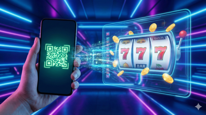 Ilustrasi digital menampilkan teknologi pembayaran QR di situs slot online, dengan smartphone yang menunjukkan QR code dan mesin slot virtual yang mengeluarkan koin, berlatar belakang cahaya neon futuristik.