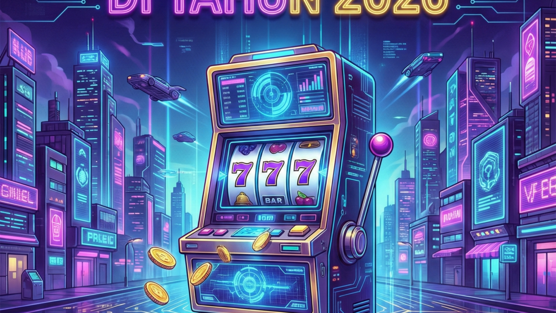 Ilustrasi mesin slot futuristik dengan angka 777 dan koin emas di kota digital neon, menggambarkan cara menang slot di tahun 2026.