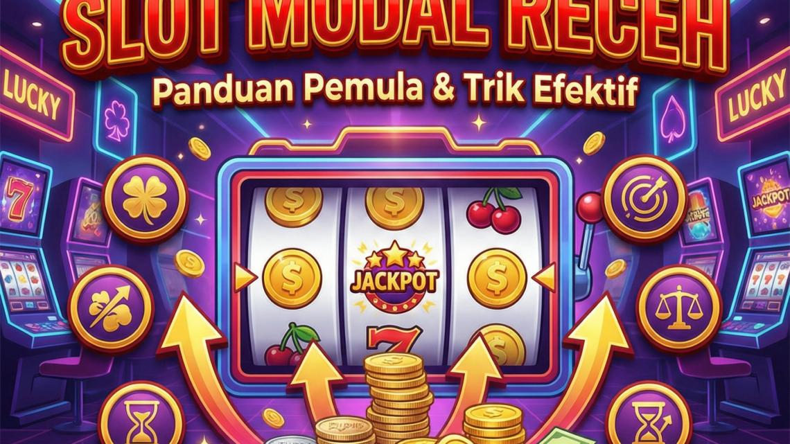 Ilustrasi cara menang slot modal receh dengan mesin slot jackpot, koin emas, dan panah kemenangan sebagai panduan pemula bermain slot online