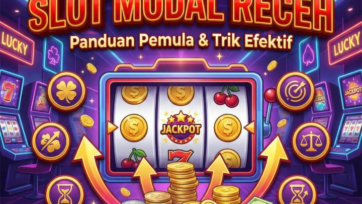 Ilustrasi cara menang slot modal receh dengan mesin slot jackpot, koin emas, dan panah kemenangan sebagai panduan pemula bermain slot online