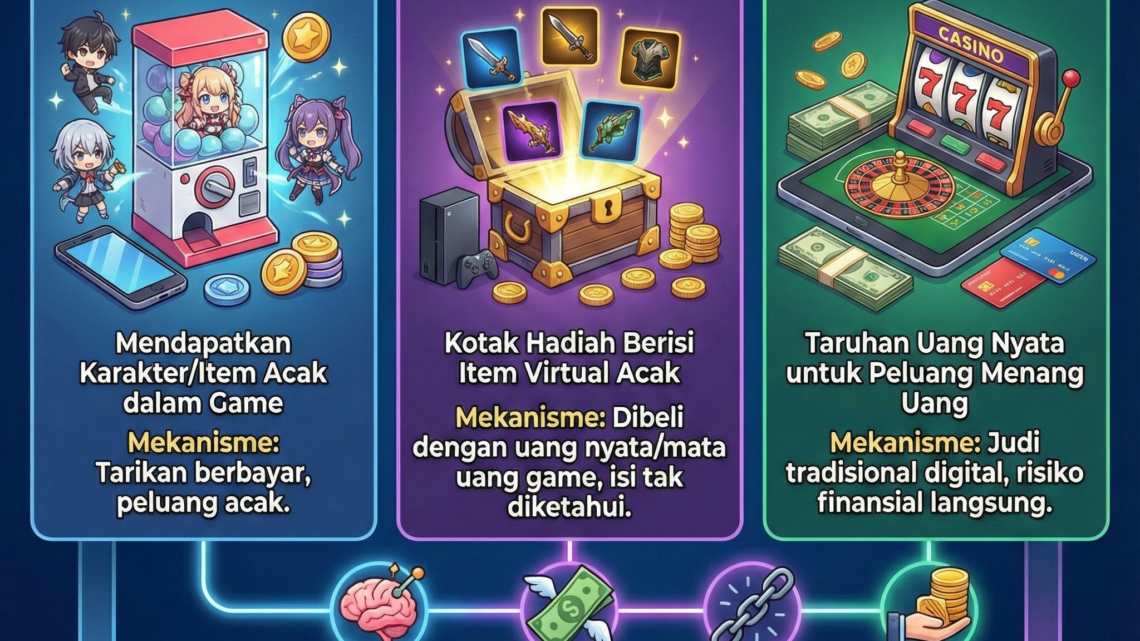 Infografis perbandingan gacha, loot box, dan casino online yang menjelaskan mekanisme acak, pola imbalan variabel, serta efek psikologis seperti dopamin dan potensi kecanduan.
