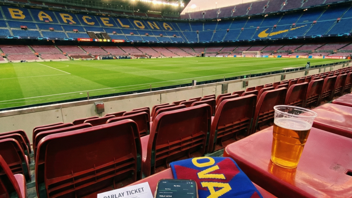 Ilustrasi parlay bola dengan tiket parlay dan ponsel di stadion sepak bola Barcelona sebelum pertandingan dimulai.