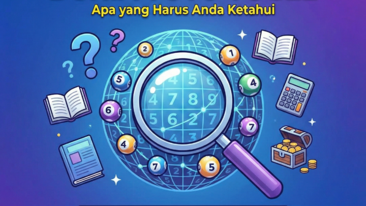 Ilustrasi mengenai dunia Toto Togel dengan elemen-elemen seperti angka, buku, kalkulator, dan tiket togel, serta ikon 4D, 3D, dan 2D.