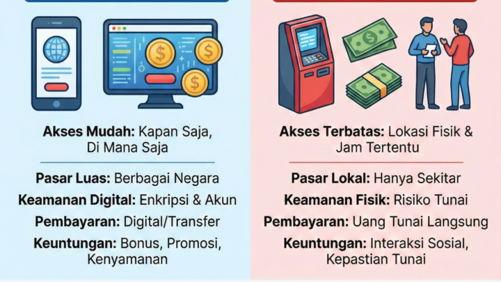 Infografis yang membandingkan Togel Online vs. Togel Darat, menyoroti perbedaan dalam akses, pasar, keamanan, pembayaran, keuntungan, dan cara memilih yang tepat.