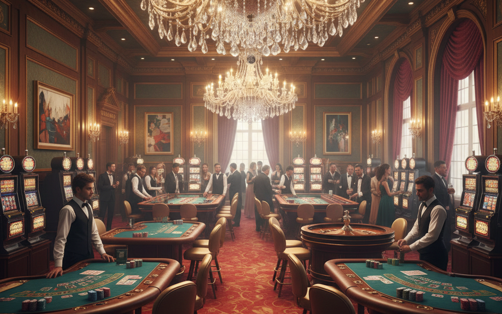 Suasana kasino mewah dengan meja permainan kasino, mesin slot, dan pengunjung yang mengenakan pakaian formal di dalam ruangan yang elegan dan bernuansa klasik.