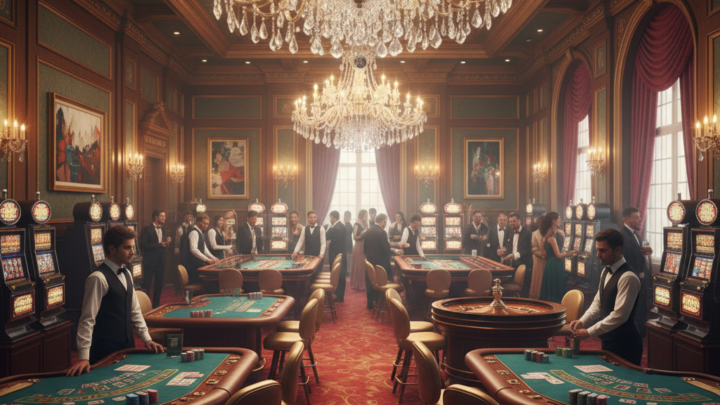 Suasana kasino mewah dengan meja permainan kasino, mesin slot, dan pengunjung yang mengenakan pakaian formal di dalam ruangan yang elegan dan bernuansa klasik.