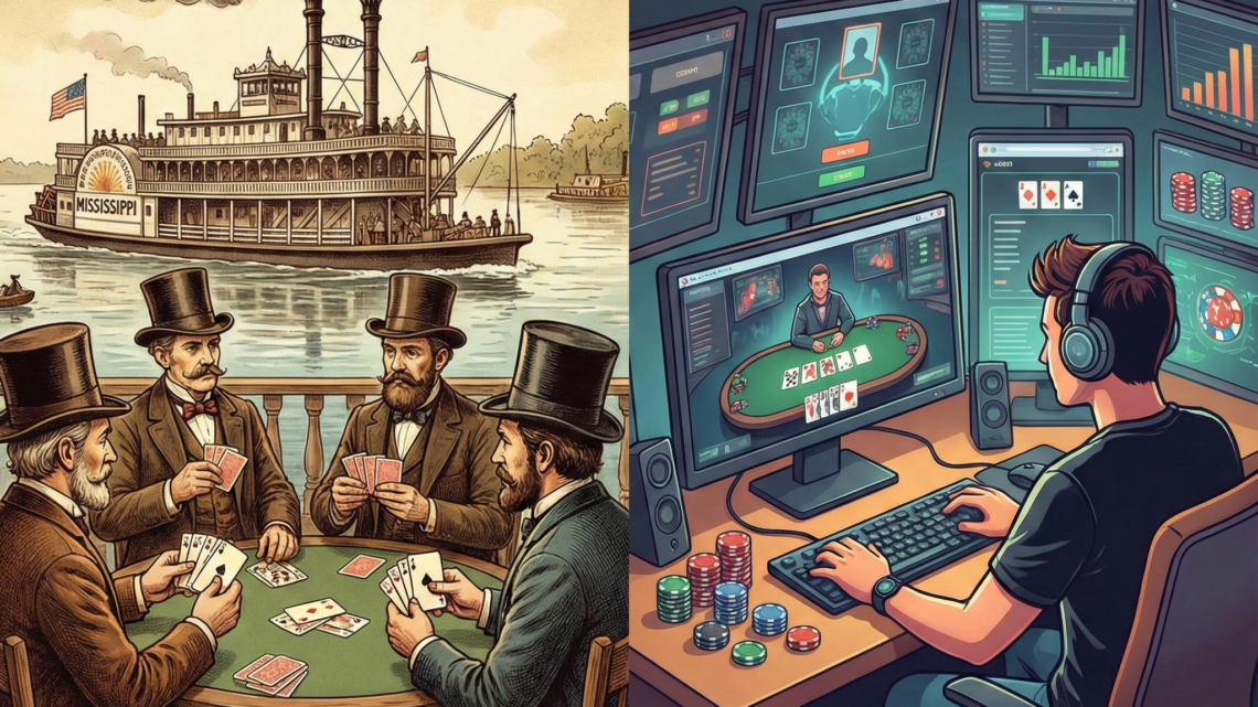 Ilustrasi yang menggambarkan evolusi sejarah poker, mulai dari permainan tradisional di kapal sungai Mississippi hingga poker online populer dengan turnamen dan permainan digital.
