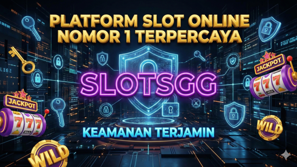 Ilustrasi digital menunjukkan logo SLOTSGG, platform slot online terpercaya dengan keamanan terjamin. Dikelilingi oleh elemen seperti jackpot, mesin slot 7, ikon kunci, dan perisai keamanan yang menciptakan suasana teknologi canggih.