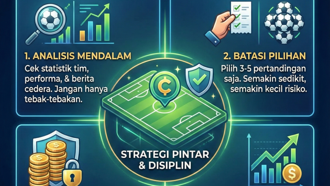 Infografis tips parlay bola aman dengan strategi analisis, pembatasan pilihan, pengelolaan modal, dan pemilihan odds untuk peluang cuan.