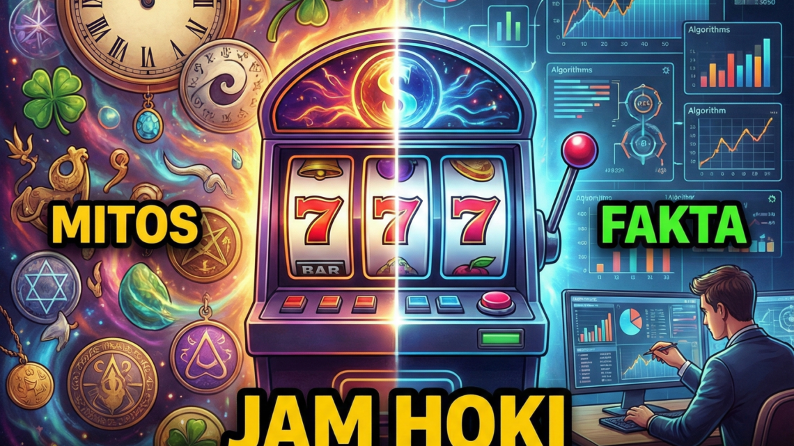 Ilustrasi visual yang membandingkan "Mitos" dan "Fakta" terkait jam hoki main slot online, dengan tampilan simbol-simbol mistis di sisi kiri dan grafik algoritma serta data di sisi kanan.