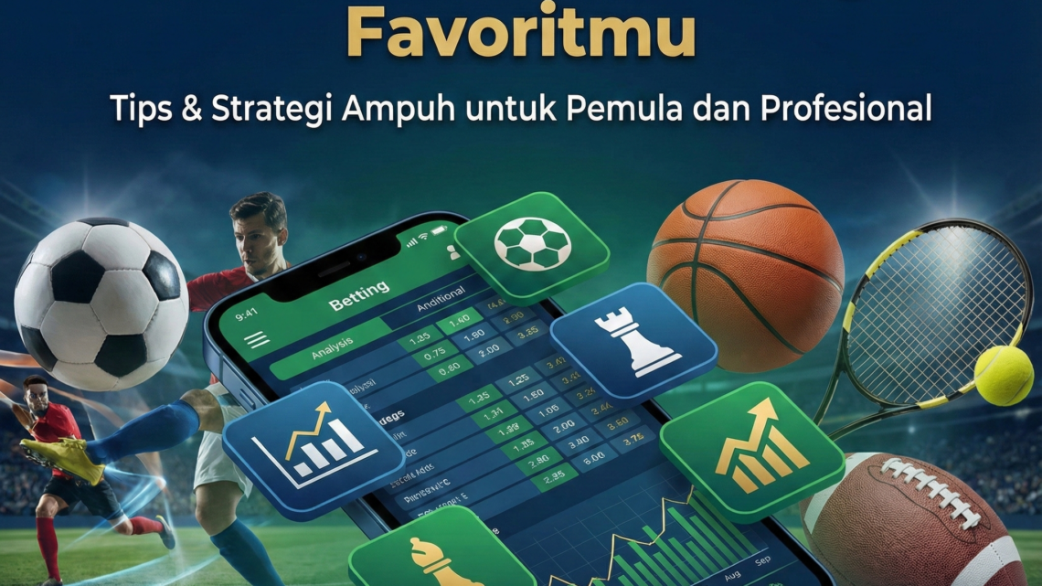 Poster ilustrasi panduan sportbook menampilkan smartphone dengan aplikasi taruhan, bola sepak, bola basket, dan grafik analisis kemenangan untuk strategi bertaruh cerdas.