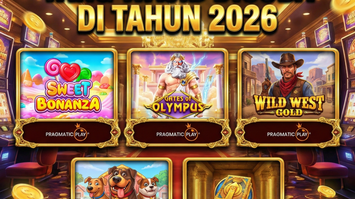 Poster ilustrasi 5 slot gacor terbaik tahun 2026 menampilkan Sweet Bonanza, Gates of Olympus, Wild West Gold, The Dog House Megaways, dan Legacy of Dead.