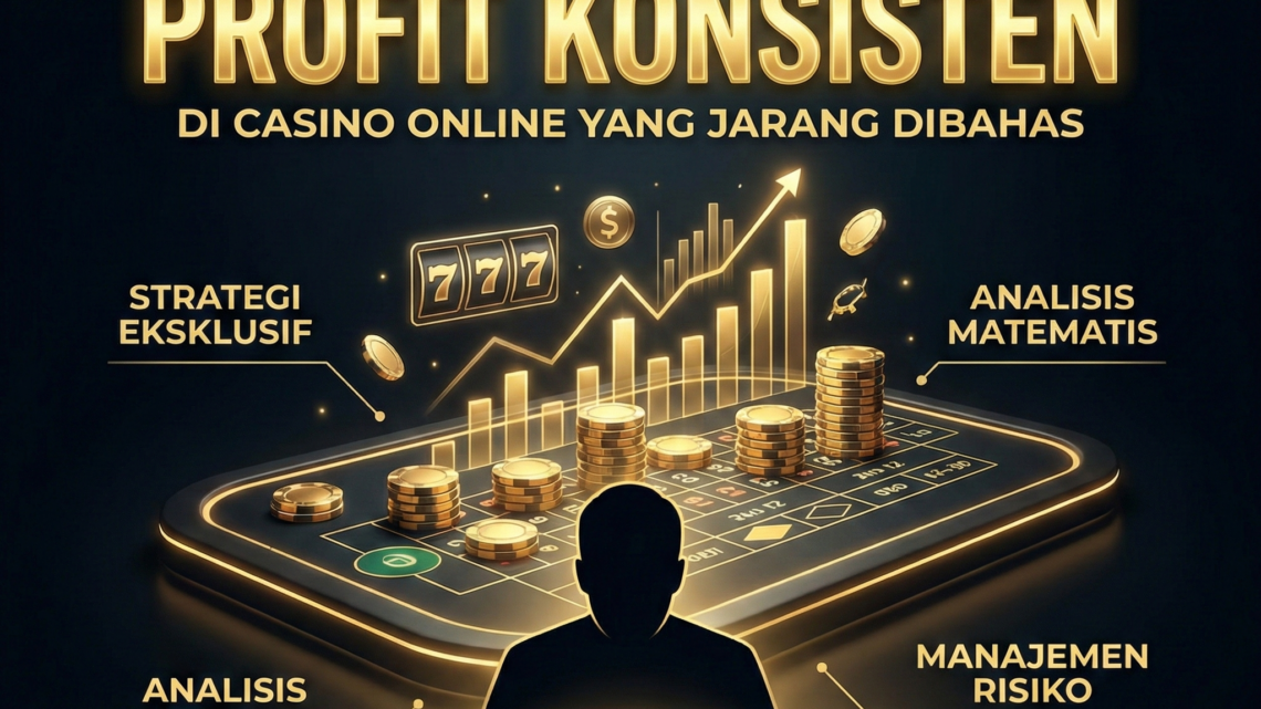 Ilustrasi banner strategi rahasia profit konsisten di casino online dengan grafik keuntungan emas, tumpukan chip, dan siluet pemain profesional sedang menganalisis peluang.