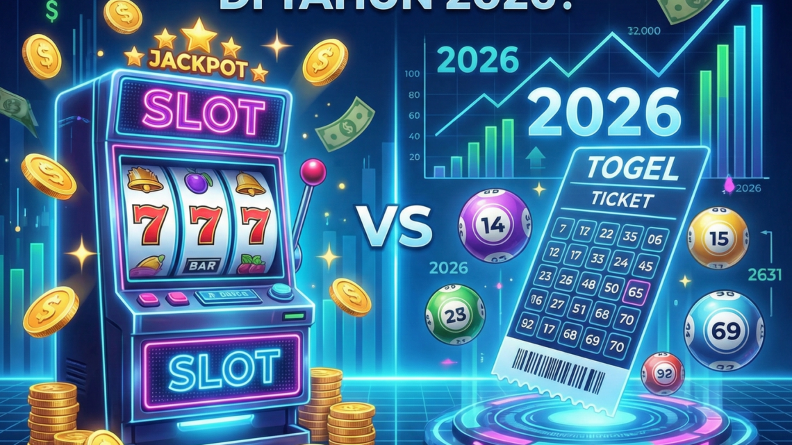 Ilustrasi banner futuristik membandingkan keuntungan bermain Slot Online vs Togel di tahun 2026, menampilkan mesin slot neon dan tiket togel dengan latar belakang grafik kenaikan profit.