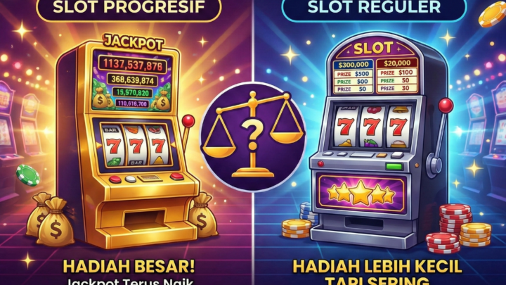 Ilustrasi poster perbandingan visual antara mesin slot progresif berwarna emas dengan angka jackpot tinggi melawan mesin slot reguler berwarna biru dengan kemenangan stabil, disertai teks judul "Mana yang Lebih Menguntungkan?