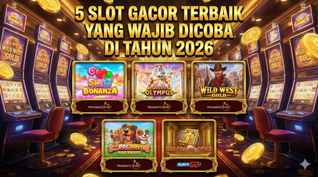 Poster ilustrasi 5 slot gacor terbaik tahun 2026 menampilkan Sweet Bonanza, Gates of Olympus, Wild West Gold, The Dog House Megaways, dan Legacy of Dead.