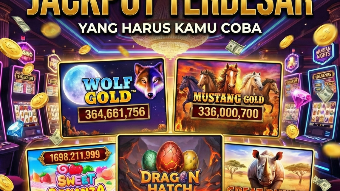 Ilustrasi banner 5 slot online dengan jackpot terbesar menampilkan tema permainan Wolf Gold, Mustang Gold, Sweet Bonanza, Dragon Hatch, dan Great Rhino Megaways dengan latar belakang kasino mewah.