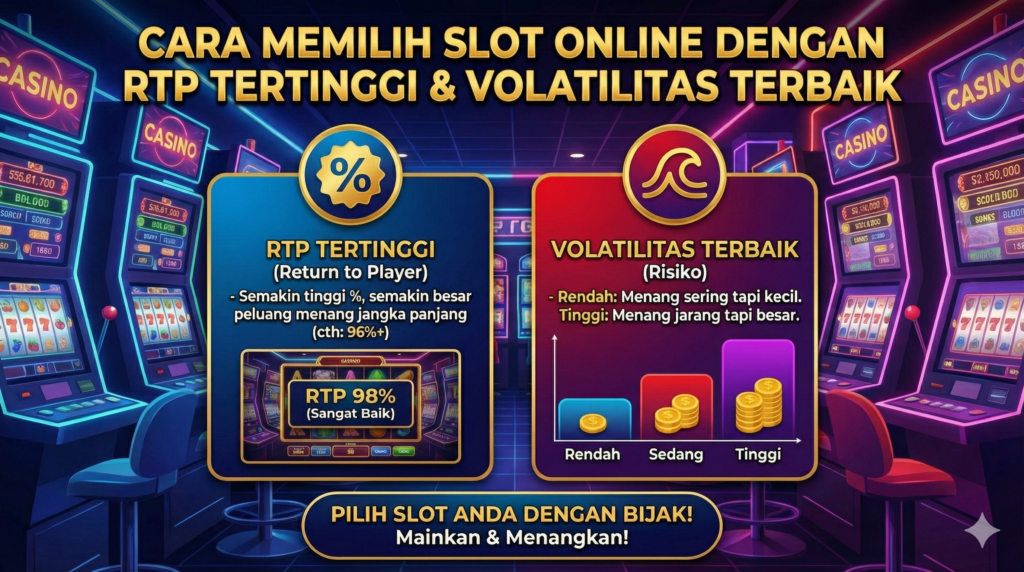 Poster infografis panduan cara memilih game slot online gacor dengan indikator RTP tertinggi dan volatilitas terbaik untuk pemula.