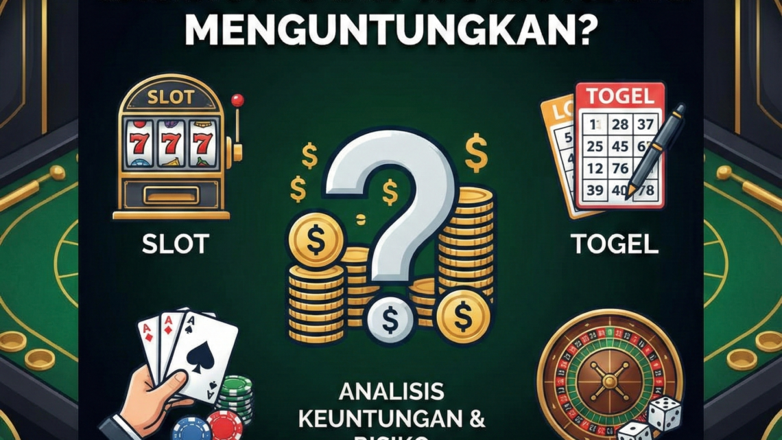 Poster ilustrasi perbandingan permainan taruhan menampilkan elemen mesin slot, kartu poker, bola togel, dan chip kasino dengan teks judul "Slot, Togel, Poker, dan Casino: Mana yang Paling Menguntungkan?".