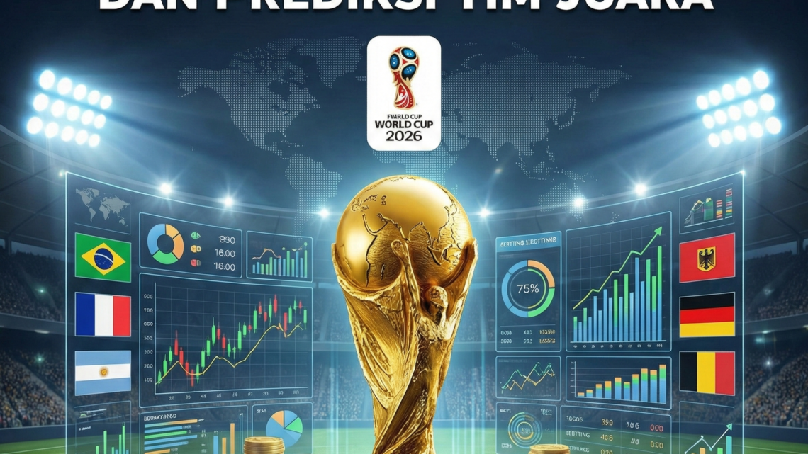 Ilustrasi poster digital menampilkan trofi Piala Dunia emas di tengah stadion sepak bola futuristik yang dipenuhi layar hologram grafik statistik, peluang taruhan, dan bendera negara. Di bagian atas terdapat teks judul besar: 'Taruhan Cerdas di Piala Dunia 2026: Analisis Pasar dan Prediksi Tim Juara'. Di sekitar trofi terdapat elemen koin emas dan chip kasino yang melambangkan aspek taruhan.