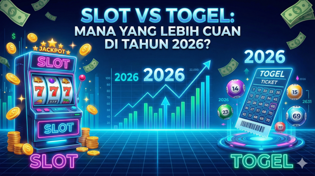 Ilustrasi banner futuristik membandingkan keuntungan bermain Slot Online vs Togel di tahun 2026, menampilkan mesin slot neon dan tiket togel dengan latar belakang grafik kenaikan profit.