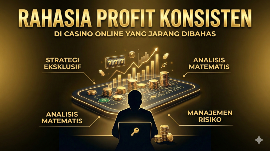 Ilustrasi banner strategi rahasia profit konsisten di casino online dengan grafik keuntungan emas, tumpukan chip, dan siluet pemain profesional sedang menganalisis peluang.