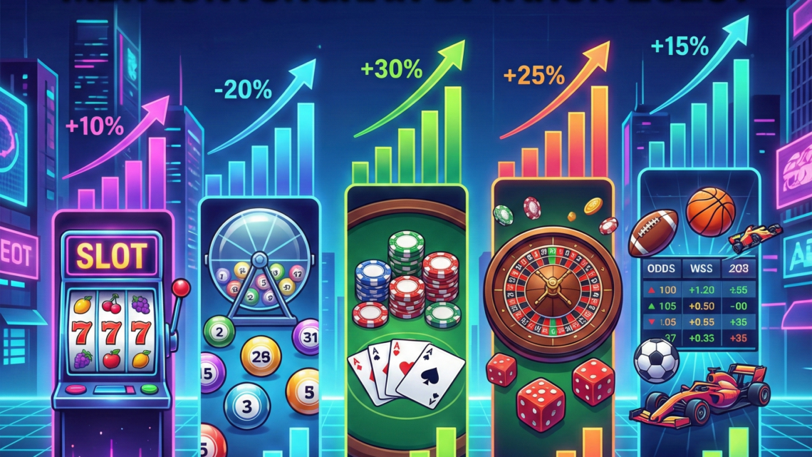 Poster infografis perbandingan profitabilitas game online 2026: Slot, Togel, Poker, Live Casino, dan Sportbook dengan grafik kenaikan keuntungan dan latar belakang neon futuristik.