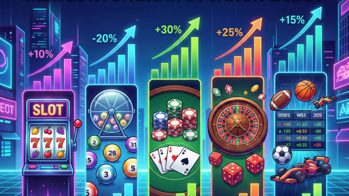 Poster infografis perbandingan profitabilitas game online 2026: Slot, Togel, Poker, Live Casino, dan Sportbook dengan grafik kenaikan keuntungan dan latar belakang neon futuristik.