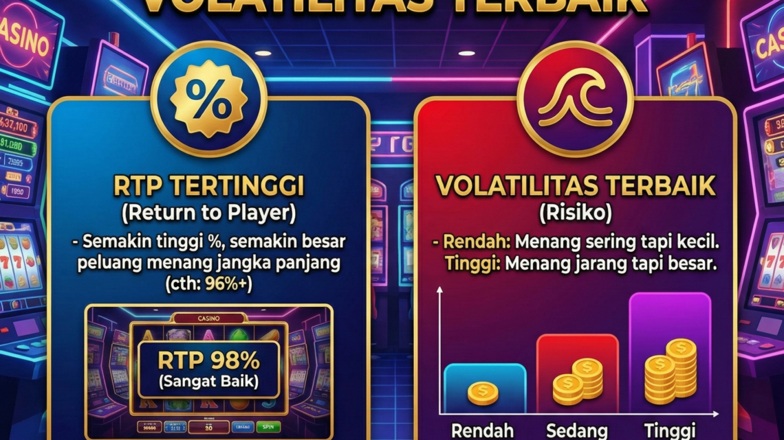 Poster infografis panduan cara memilih game slot online gacor dengan indikator RTP tertinggi dan volatilitas terbaik untuk pemula.