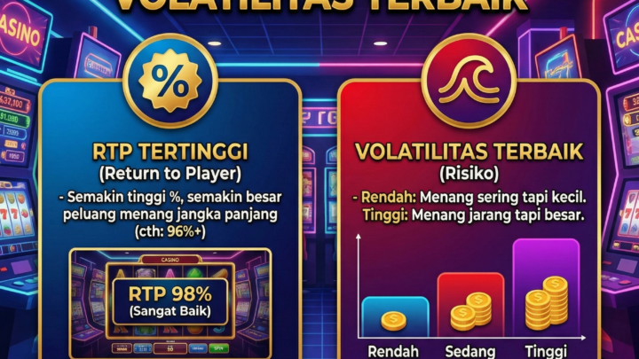 Poster infografis panduan cara memilih game slot online gacor dengan indikator RTP tertinggi dan volatilitas terbaik untuk pemula.
