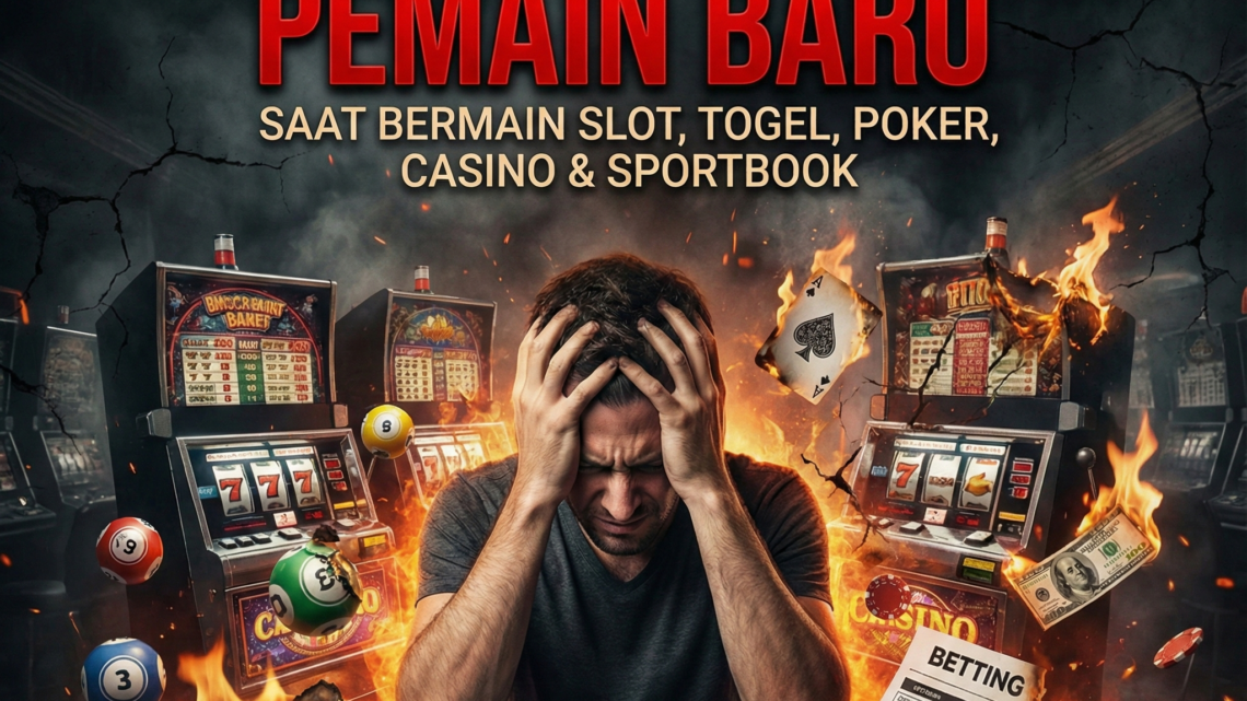 Poster dramatis bergambar seorang pria yang frustrasi menunduk di antara mesin slot, kartu poker, chip, dan uang yang terbakar. Teks besar berwarna merah di bagian atas berbunyi: "KESALAHAN FATAL PEMAIN BARU SAAT BERMAIN SLOT, TOGEL, POKER, CASINO & SPORTBOOK.