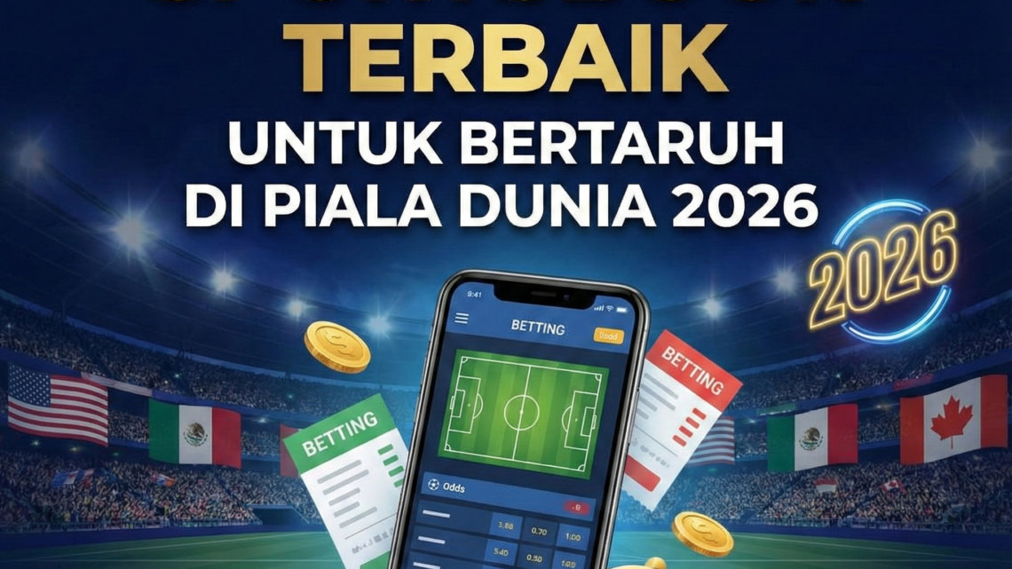 Panduan sportsbook terbaik untuk bertaruh di Piala Dunia 2026, dengan tampilan ponsel menunjukkan odds taruhan di lapangan sepak bola.