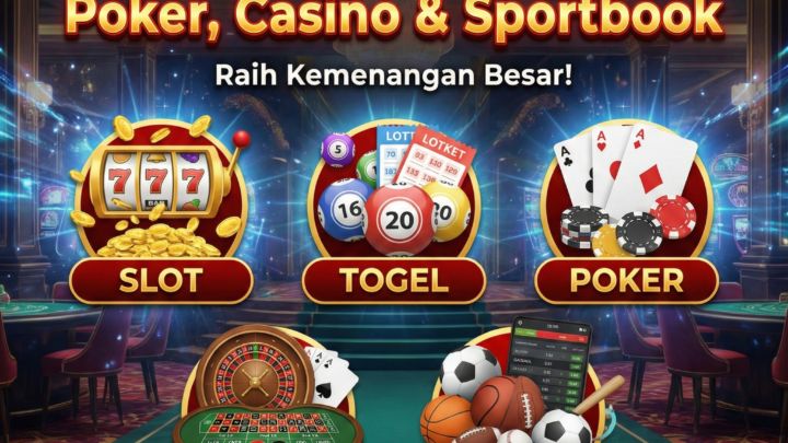 Poster ilustrasi digital berjudul 5 Permainan Judi Online Paling Cuan dengan teks emas 3D, menampilkan ikon mesin slot 777, bola togel, kartu poker, roda roulette casino, dan peralatan olahraga sportbook dengan latar belakang kasino mewah bernuansa biru gelap.