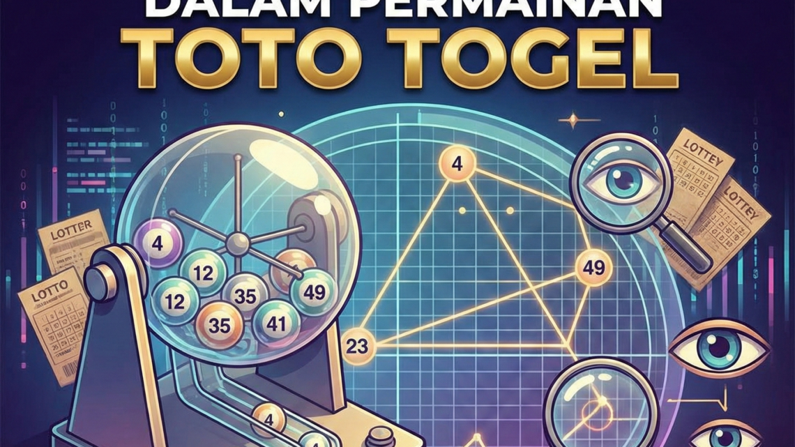 Ilustrasi cara membaca pola angka dalam permainan toto togel dengan mesin undian, grafik angka, dan simbol analisis data.