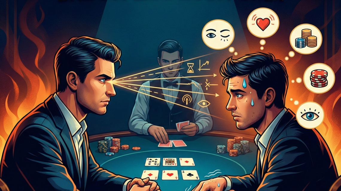 Ilustrasi dua pemain poker saling berhadapan di meja permainan, menggambarkan cara membaca lawan melalui psikologi, ekspresi wajah, dan strategi taruhan.