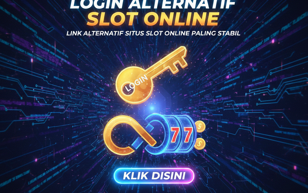 Banner bergaya futuristik yang mempromosikan login alternatif untuk situs slot online, dengan elemen gambar berupa kunci login dan gulungan mesin slot, dengan teks yang mengarahkan pengguna untuk klik dan mengakses situs yang terpercaya dan aman.