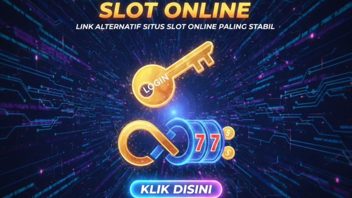 Banner bergaya futuristik yang mempromosikan login alternatif untuk situs slot online, dengan elemen gambar berupa kunci login dan gulungan mesin slot, dengan teks yang mengarahkan pengguna untuk klik dan mengakses situs yang terpercaya dan aman.