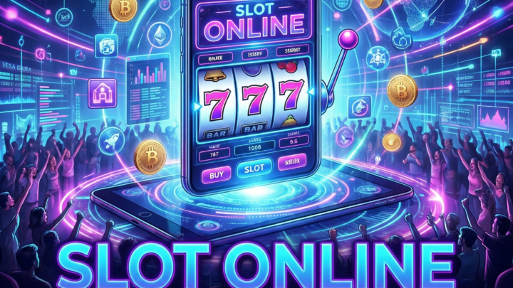 Ilustrasi slot online modern di layar smartphone dengan simbol 777, koin digital, dan jaringan global yang menggambarkan popularitas slot di era hiburan digital.