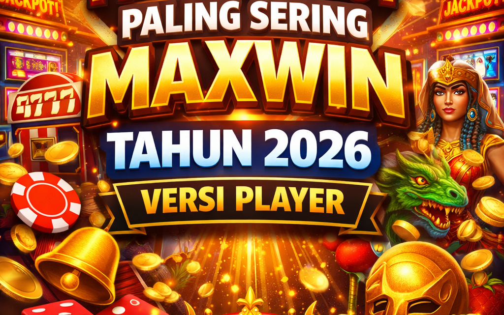 Promosi provider slot paling sering maxwin tahun 2026 dengan simbol slot, koin emas, dadu merah, dan naga hijau, menampilkan desain grafis berwarna cerah.