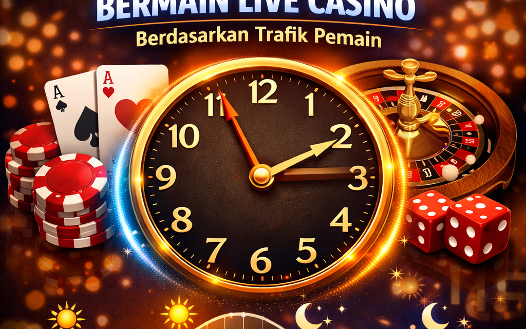 Poster visual bertema waktu terbaik untuk bermain live casino berdasarkan trafik pemain. Menampilkan jam emas dengan ikon kasino seperti kartu, dadu, dan roda roulette, dengan grafik menunjukkan waktu puncak pemain di berbagai jam.