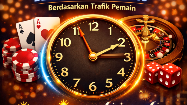Poster visual bertema waktu terbaik untuk bermain live casino berdasarkan trafik pemain. Menampilkan jam emas dengan ikon kasino seperti kartu, dadu, dan roda roulette, dengan grafik menunjukkan waktu puncak pemain di berbagai jam.