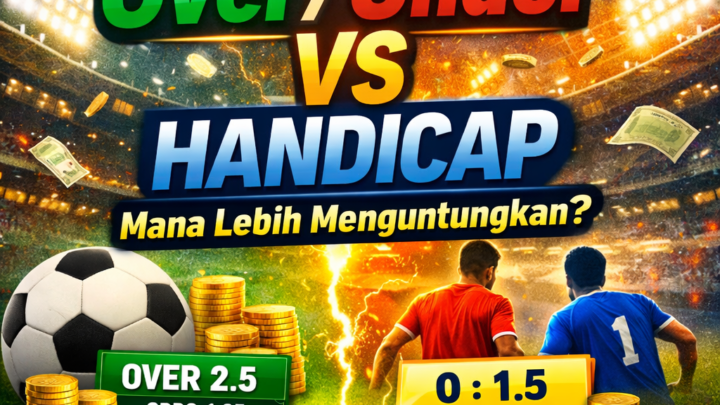 Poster desain bertema taruhan olahraga dengan judul 'Over/Under vs Handicap, Mana Lebih Menguntungkan?' yang menampilkan elemen olahraga seperti bola sepak dan bola basket, serta simbol taruhan yang dinamis dengan kombinasi warna biru dan oranye.