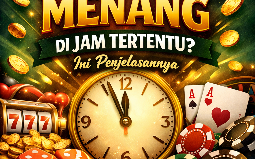 Poster promosi bertema perjudian dengan judul 'Kenapa Banyak Player Menang di Jam Tertentu? Ini Penjelasannya'. Menampilkan gambar jam, mesin slot, dadu, kartu poker, dan chip dengan efek cahaya yang menarik.