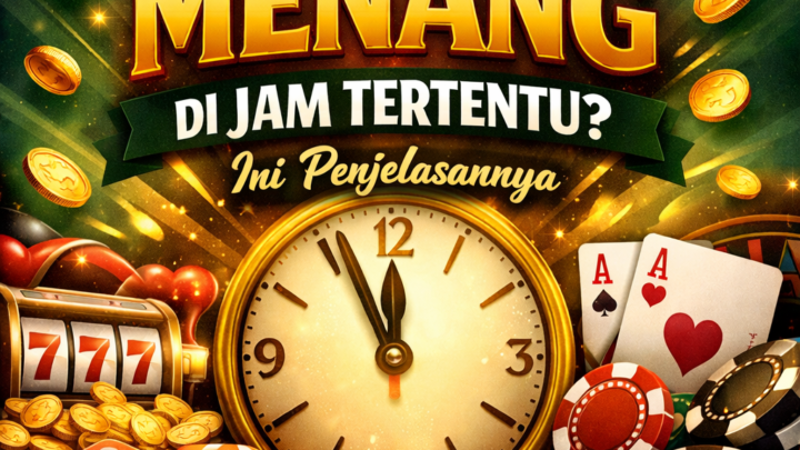 Poster promosi bertema perjudian dengan judul 'Kenapa Banyak Player Menang di Jam Tertentu? Ini Penjelasannya'. Menampilkan gambar jam, mesin slot, dadu, kartu poker, dan chip dengan efek cahaya yang menarik.