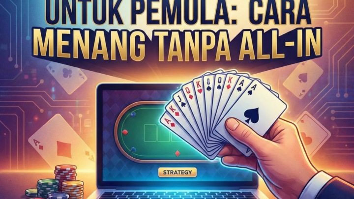 Poster ilustrasi strategi poker online untuk pemula menampilkan laptop, kartu remi Royal Flush, dan tumpukan chip dengan teks "Cara Menang Tanpa All-In.