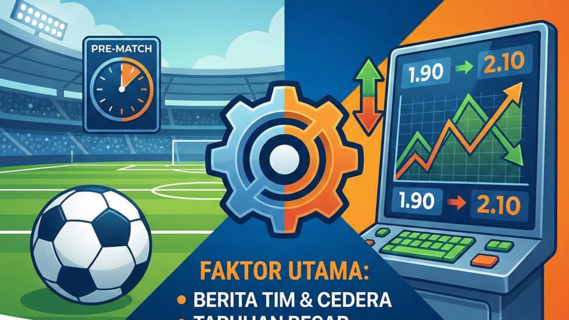 Poster edukasi sepak bola yang terbagi dua sisi: sisi kiri menampilkan stadion bola dan sisi kanan menampilkan layar grafik pergerakan odds dari 1.90 ke 2.10. Di bagian tengah terdapat ikon gir dan daftar faktor utama penyebab perubahan odds seperti berita tim, taruhan besar, informasi pelatih, dan cuaca.