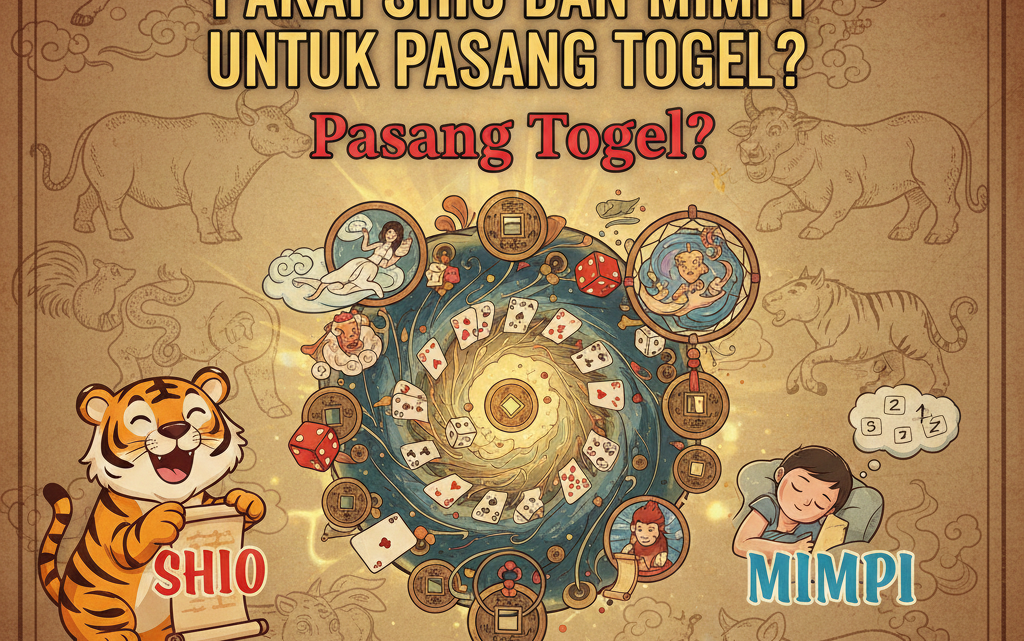 Ilustrasi poster bergaya vintage oriental yang menampilkan karakter harimau memegang gulungan teks "SHIO" dan seorang anak sedang bermimpi dengan angka-angka, di tengah terdapat pusaran kartu dan dadu keberuntungan.