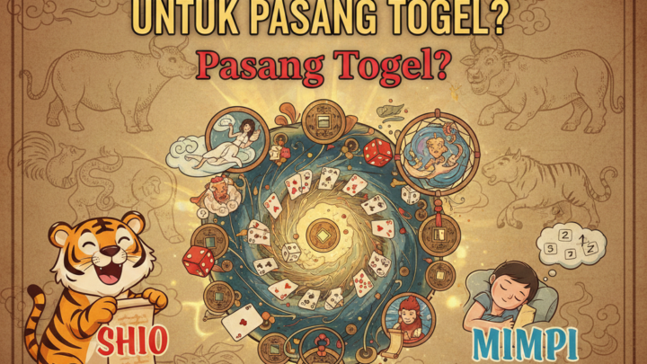 Ilustrasi poster bergaya vintage oriental yang menampilkan karakter harimau memegang gulungan teks "SHIO" dan seorang anak sedang bermimpi dengan angka-angka, di tengah terdapat pusaran kartu dan dadu keberuntungan.